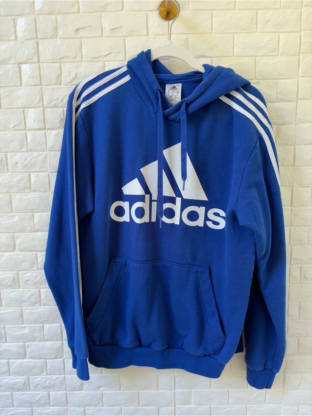 Adidas Blue Hoodie with White Logo and Shoulder Stripes